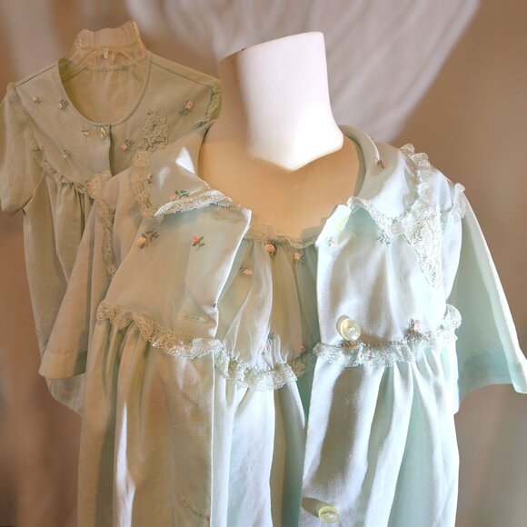 Vintage 60s 70s Sears Nightgown Robe & Shirt 3pc Set Blue Floral Lace Size S/M - Picture 3 of 10